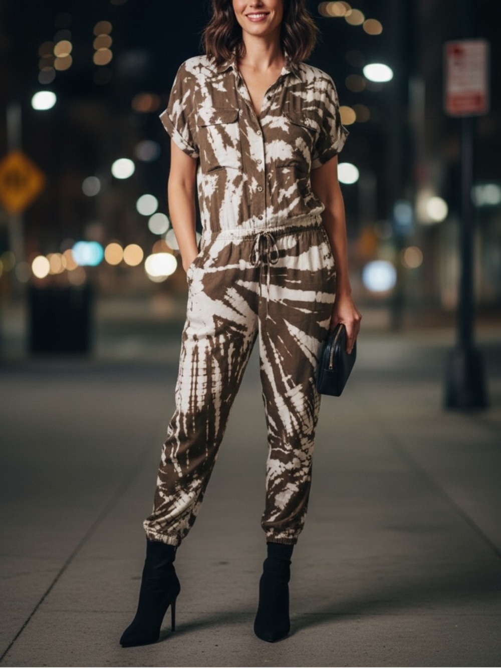 Young Fabulous & Broke Olive Green Silky Tie Dye Pockets Jumpsuit Sz M